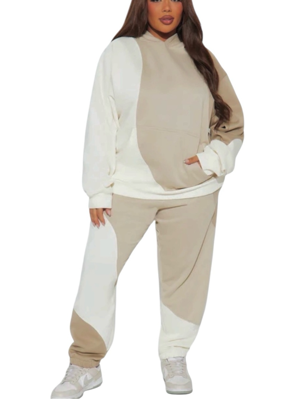 FASHION NOVA Cloudy Days Fleece Pant 2pc Set Sweatpants Hoodie Tan Cream Large